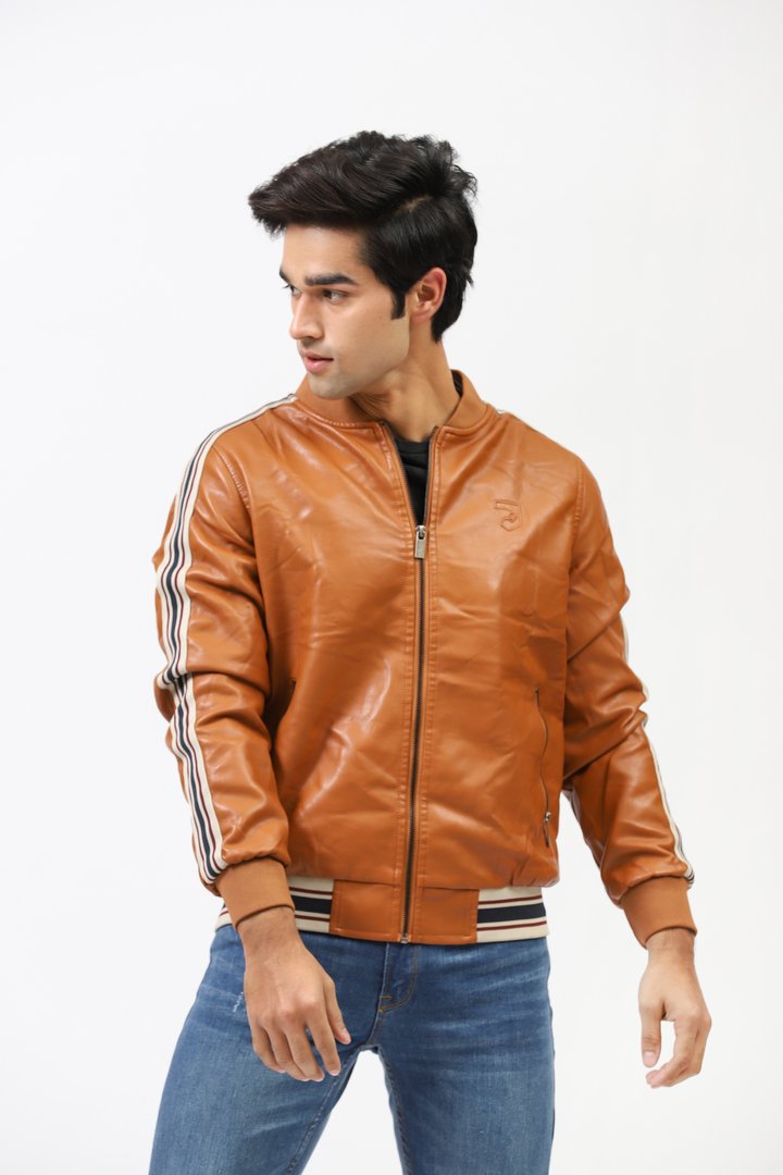 Terracotta Faux Leather Jacket With Contrast Tape Sleeves